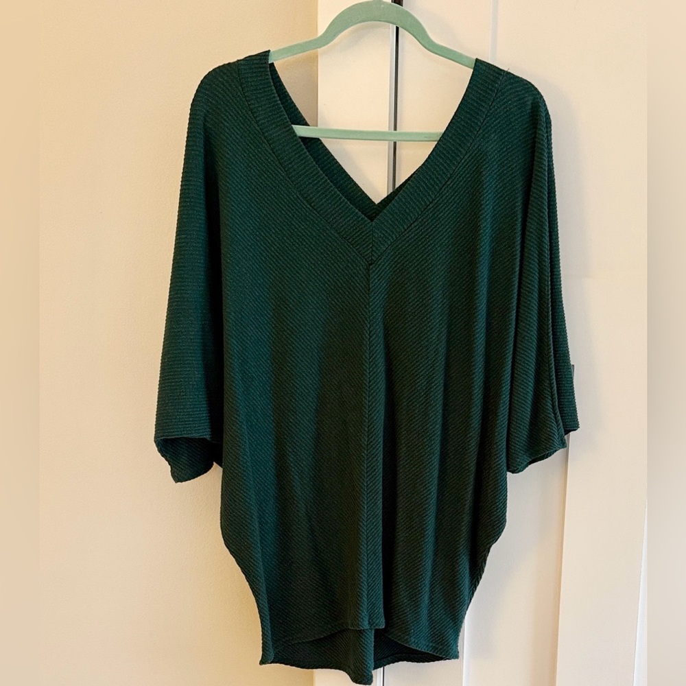 Dolman Sleeve Blouson Double V-Neck Forest Green Soft Ribbed Top M
